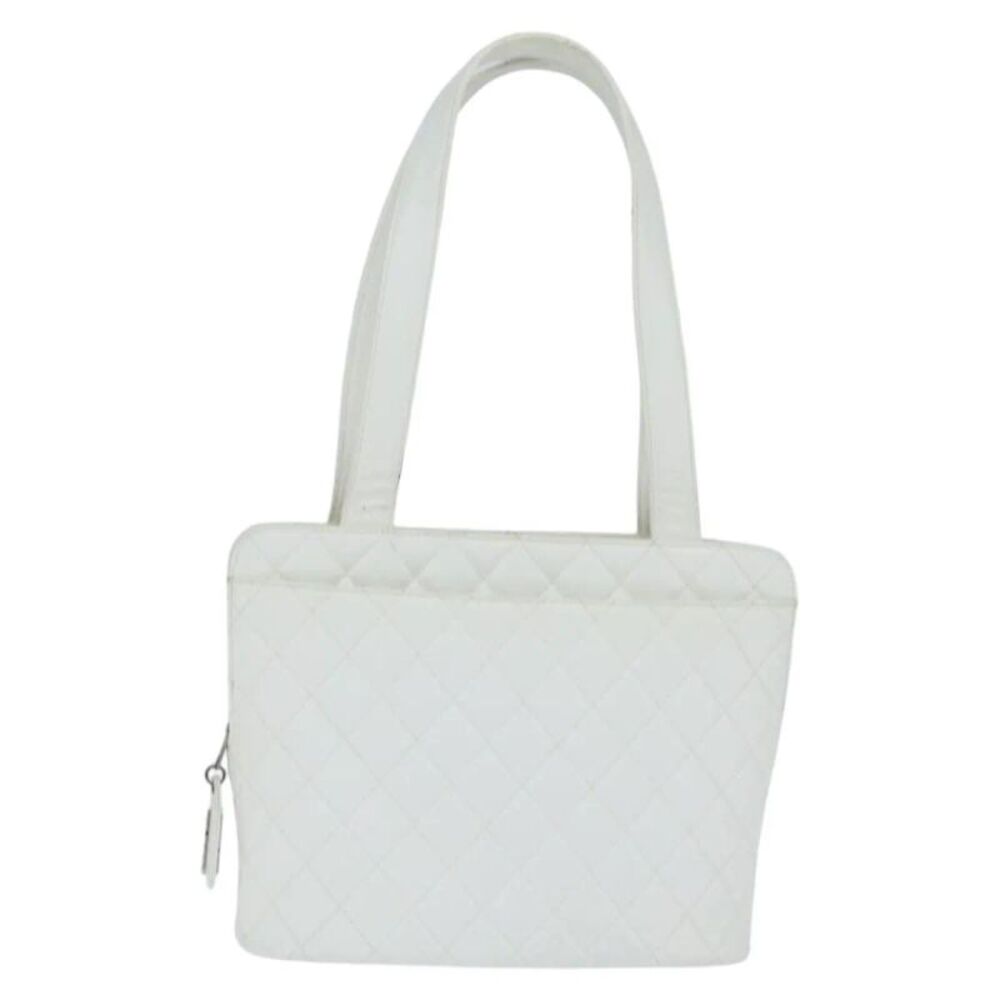 Chanel Vintage Cc Zip Around Bowler Quilted Caviar White Leather Tote Bag Bag